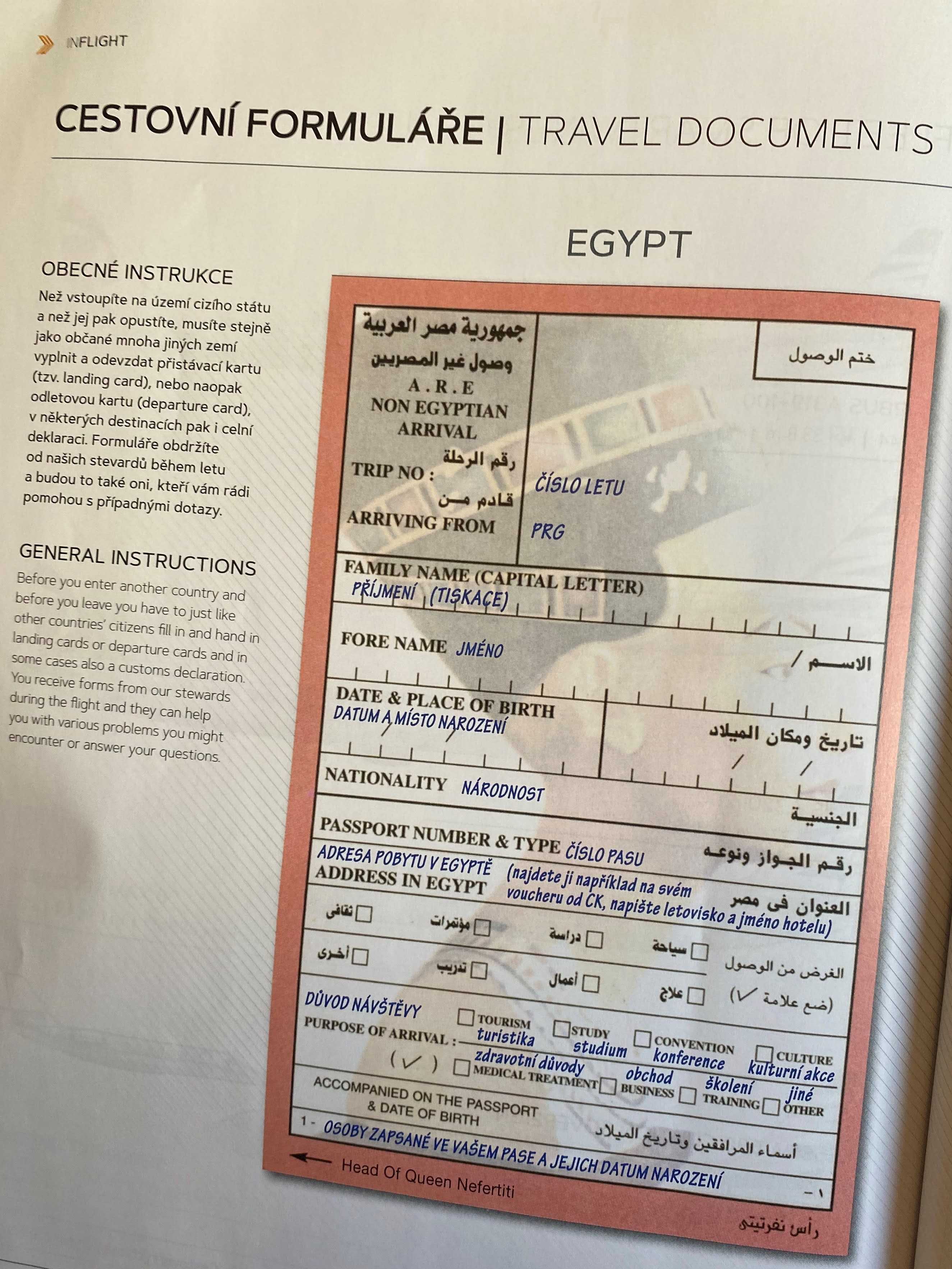 Příjezdový formulář do Egypta