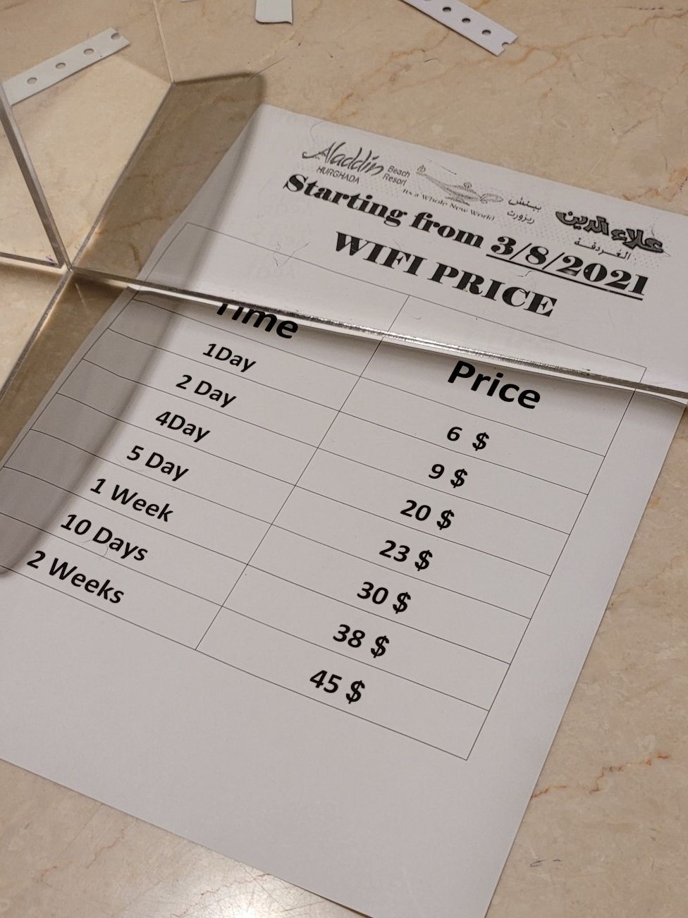 Tabulka s cenami za wifi.